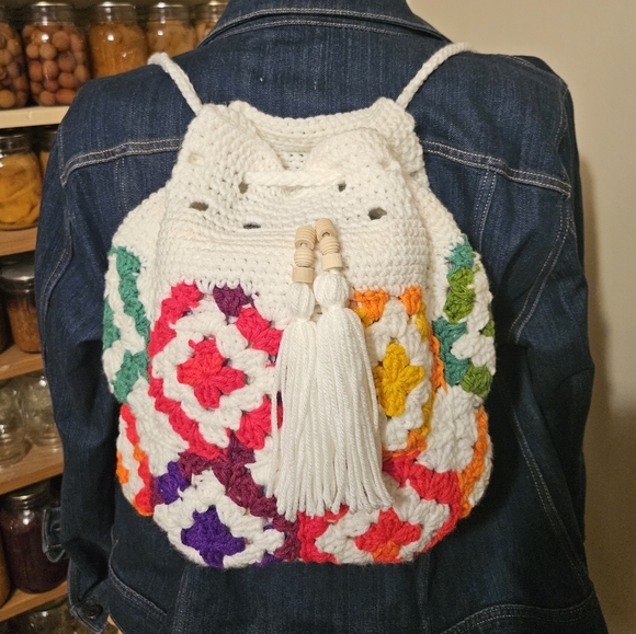 NWT - RAINBOW GRANNY SQUARE Handcrafted Multicolor Crochet Backpack - Picture 2 of 14